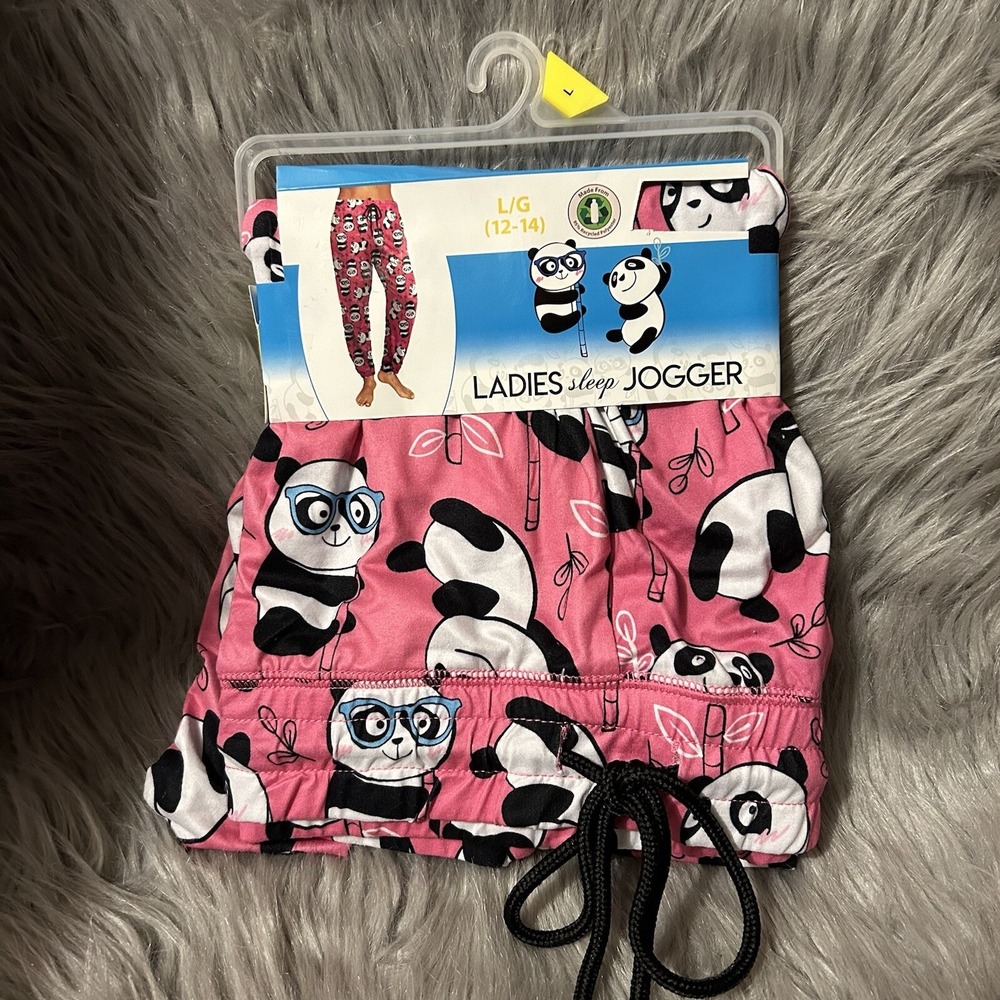 Briefly Stated Panda Bear Pajama Jogger Pants Womens Size Large Pink Pajamas